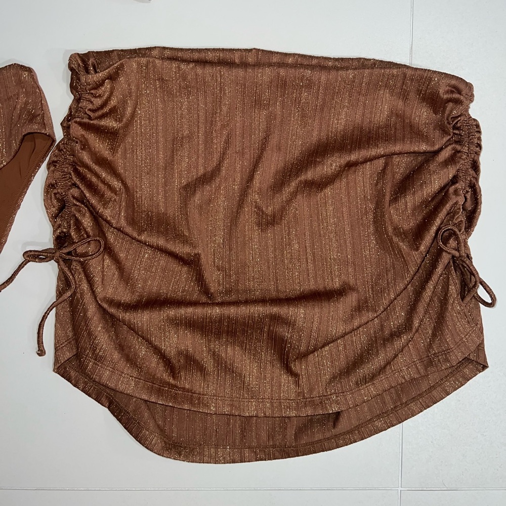 Andie Swim Gold Sparkle Brown Ruched Skirt XL